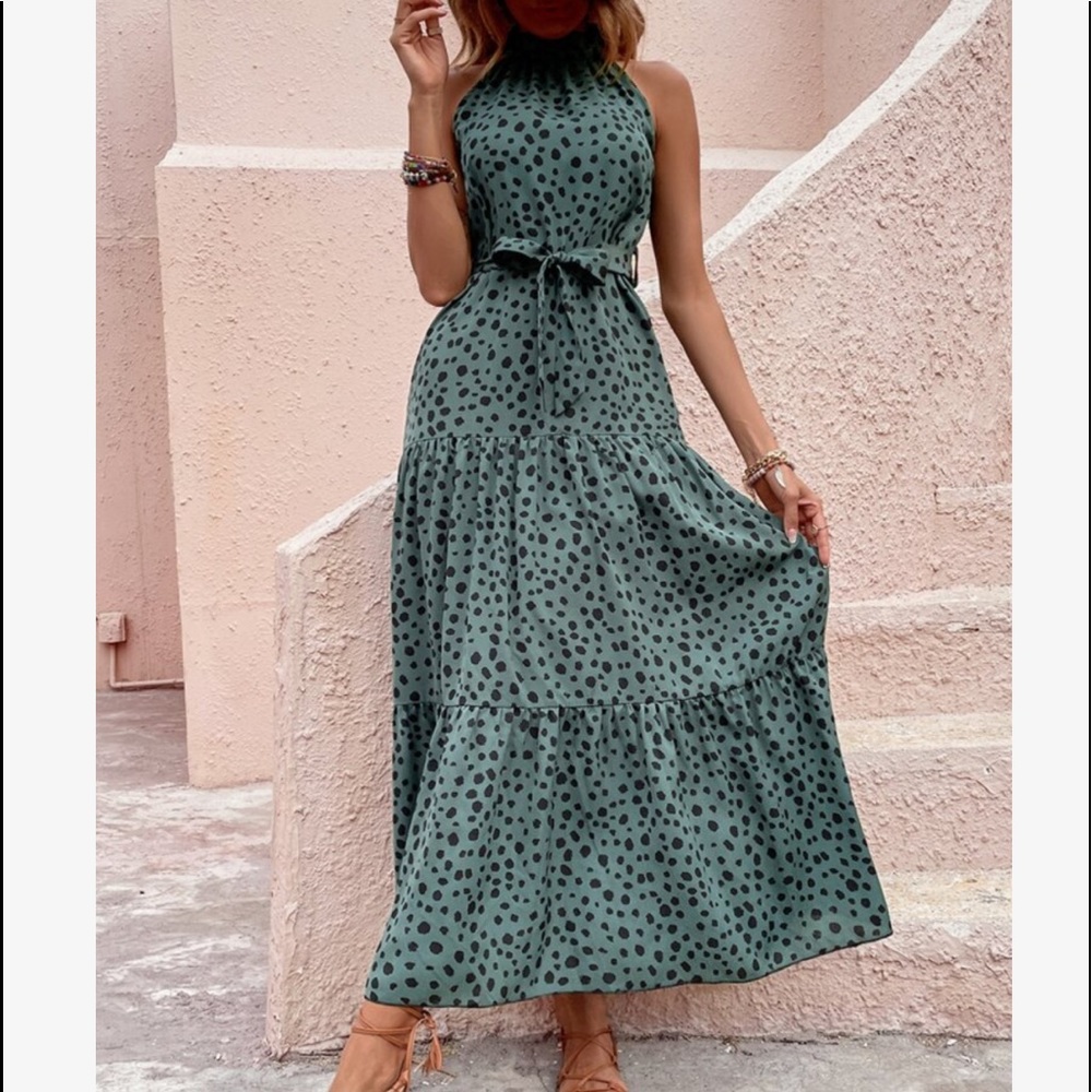 Boho Polka Dots Print Flounce Halter Belted Maxi Dress - Picture 2 of 12